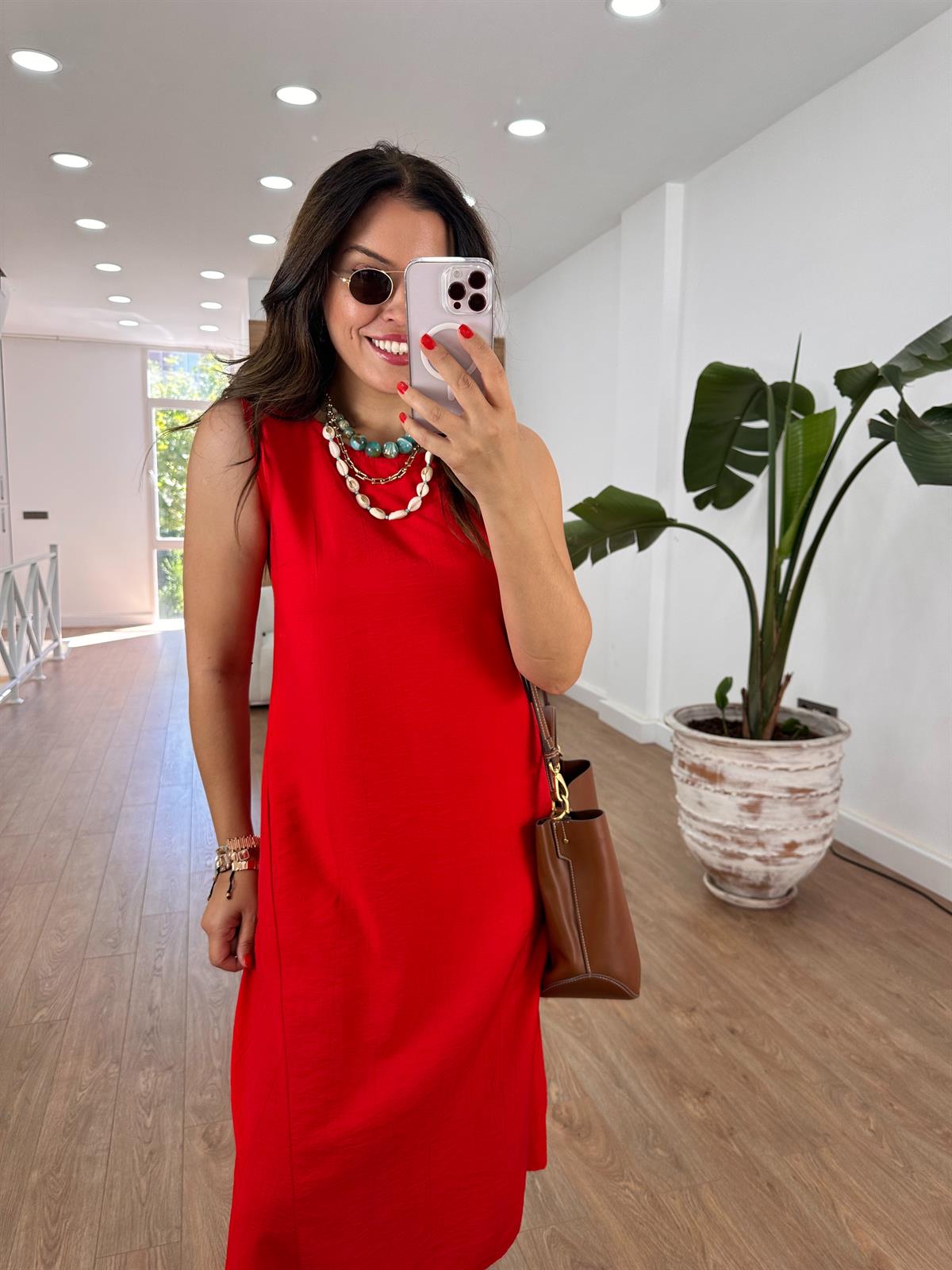 Sıfır Kol Basic Viskon Elbise - Kırmızı