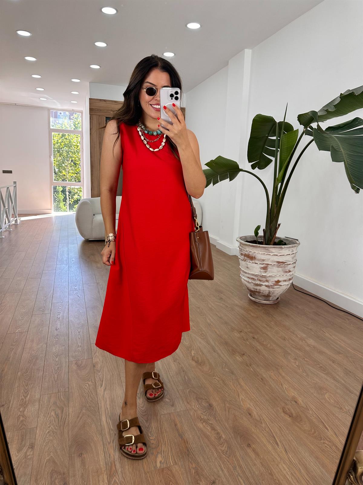 Sıfır Kol Basic Viskon Elbise - Kırmızı