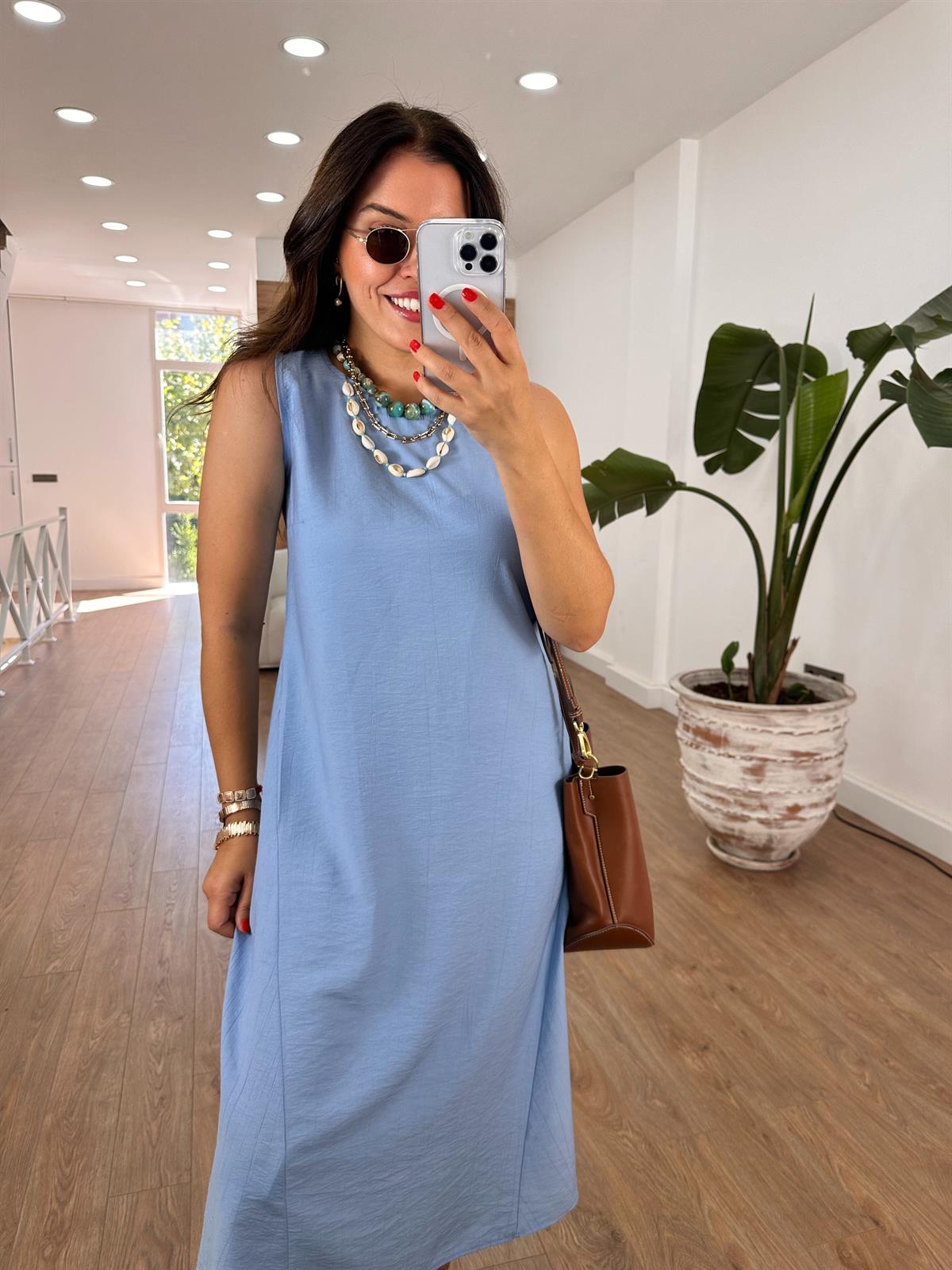 Sıfır Kol Basic Viskon Elbise - Mavi