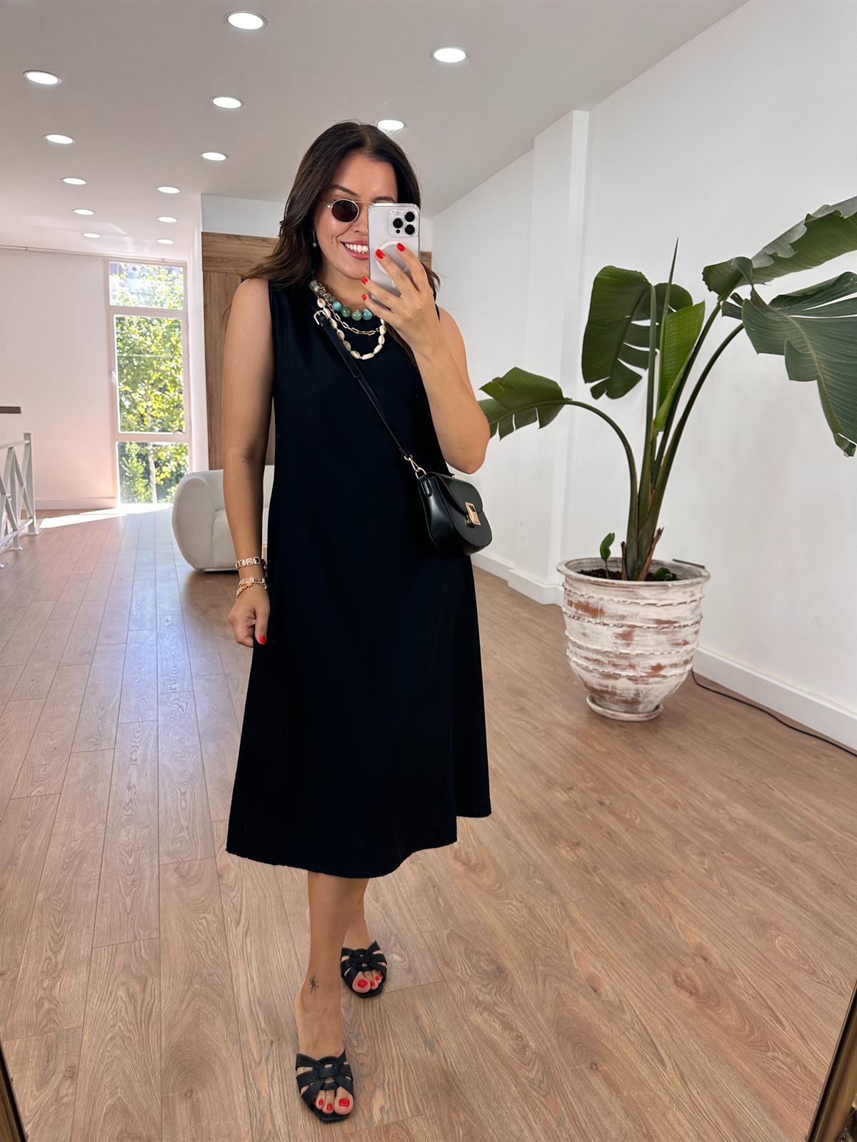 Sıfır Kol Basic Viskon Elbise - Siyah