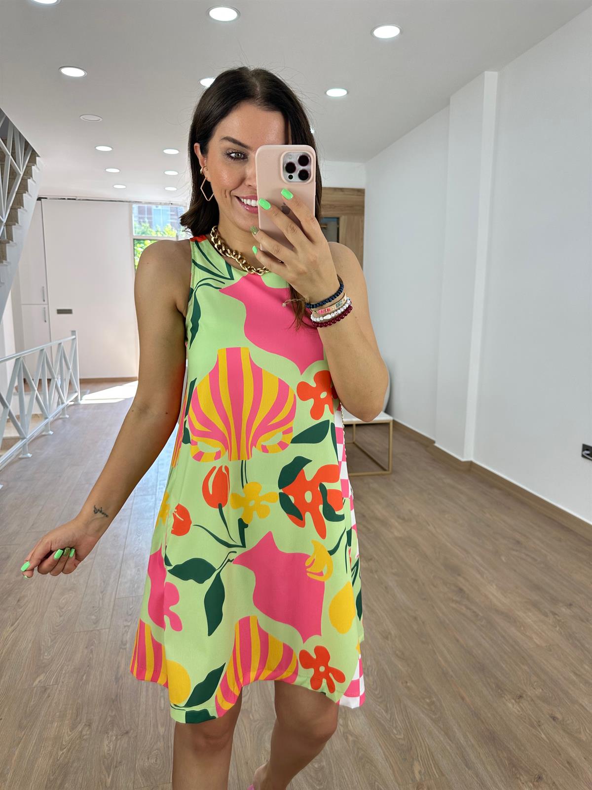 Sıfır kol Cepli Çiçekli Elbise-Yeşil