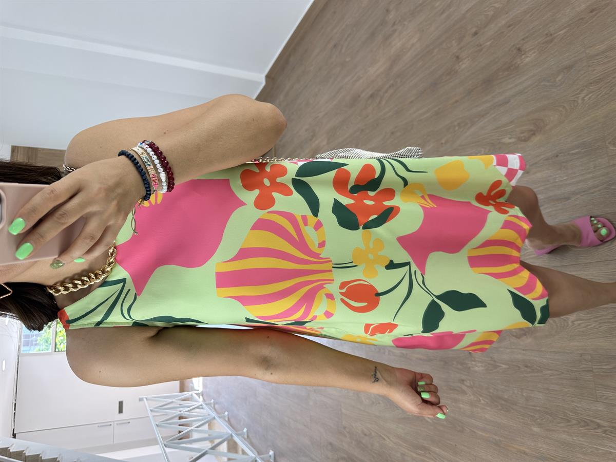 Sıfır kol Cepli Çiçekli Elbise-Yeşil