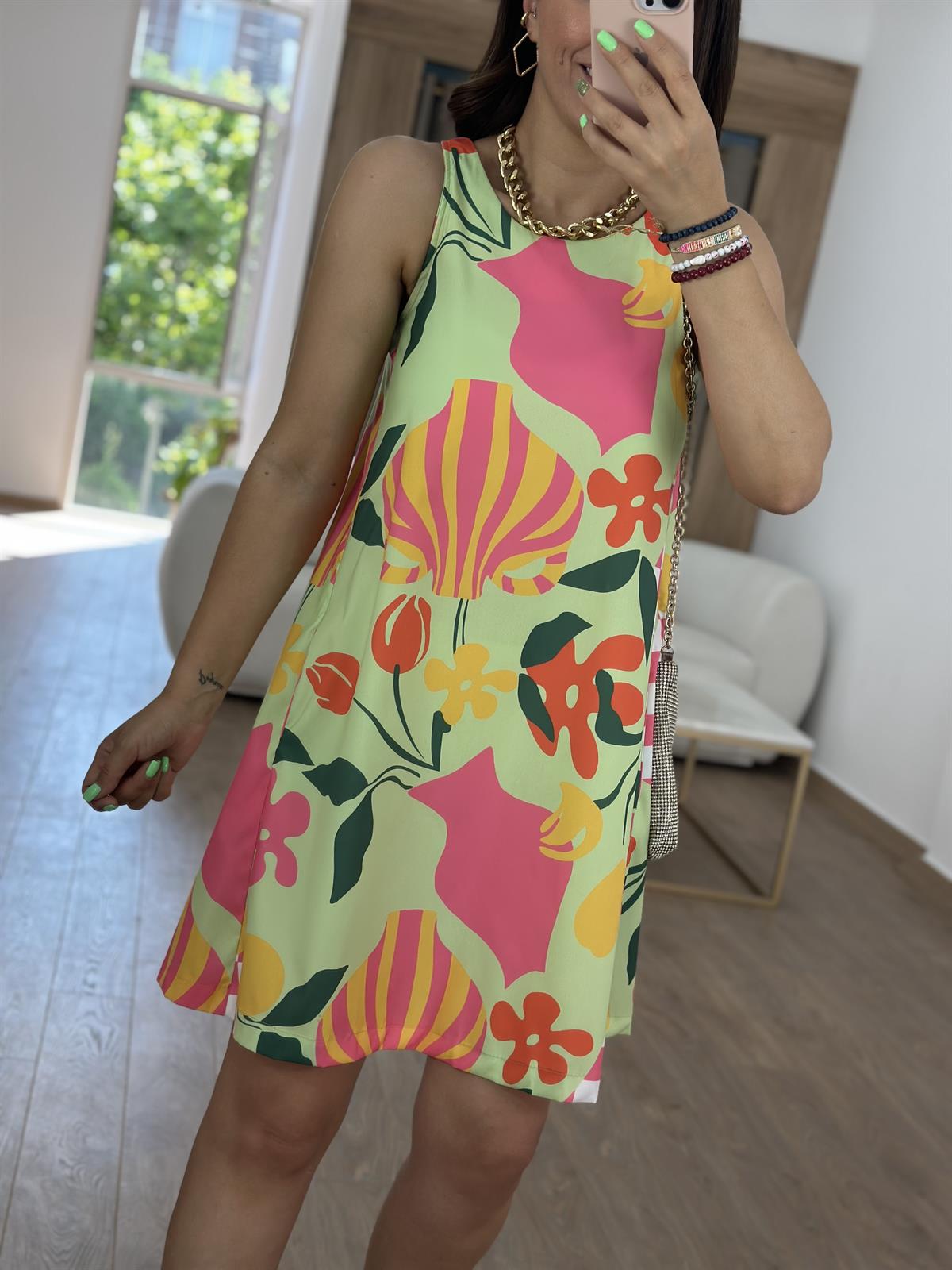 Sıfır kol Cepli Çiçekli Elbise-Yeşil