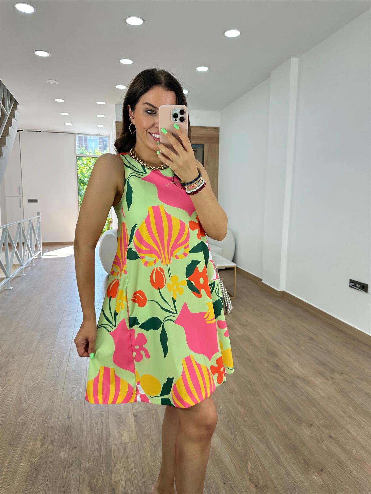 Sıfır kol Cepli Çiçekli Elbise-Yeşil