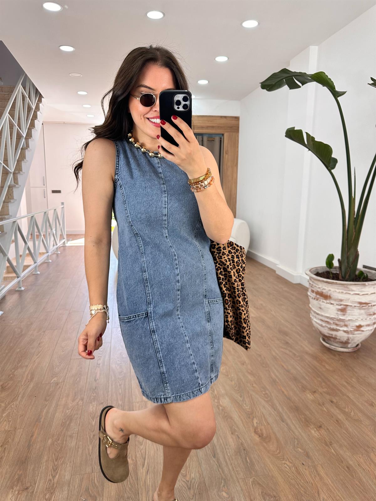 Sıfır Kol Cepli Denim Elbise