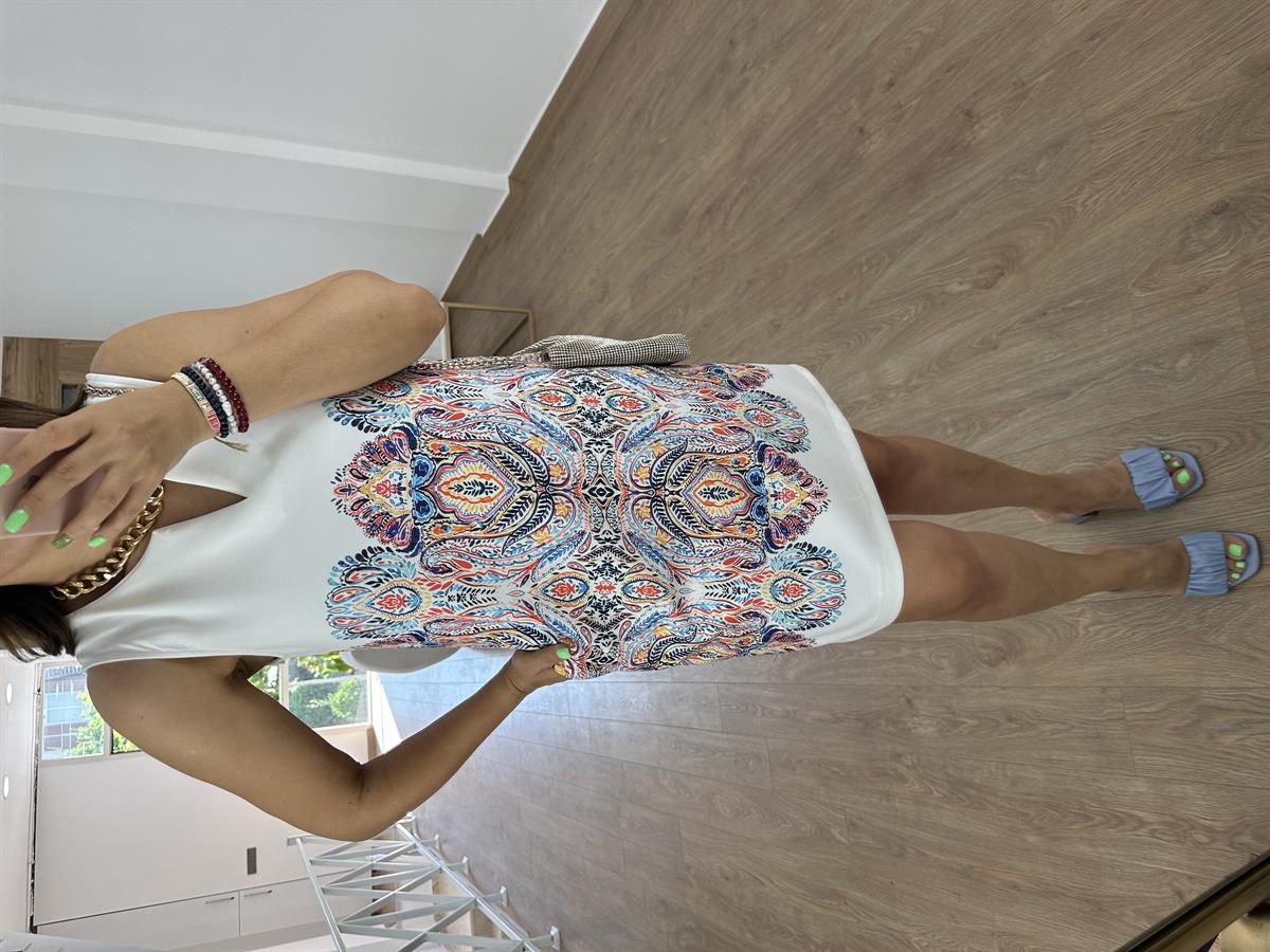 Sıfır kol Cepli Etnik Desen Elbise-Beyaz