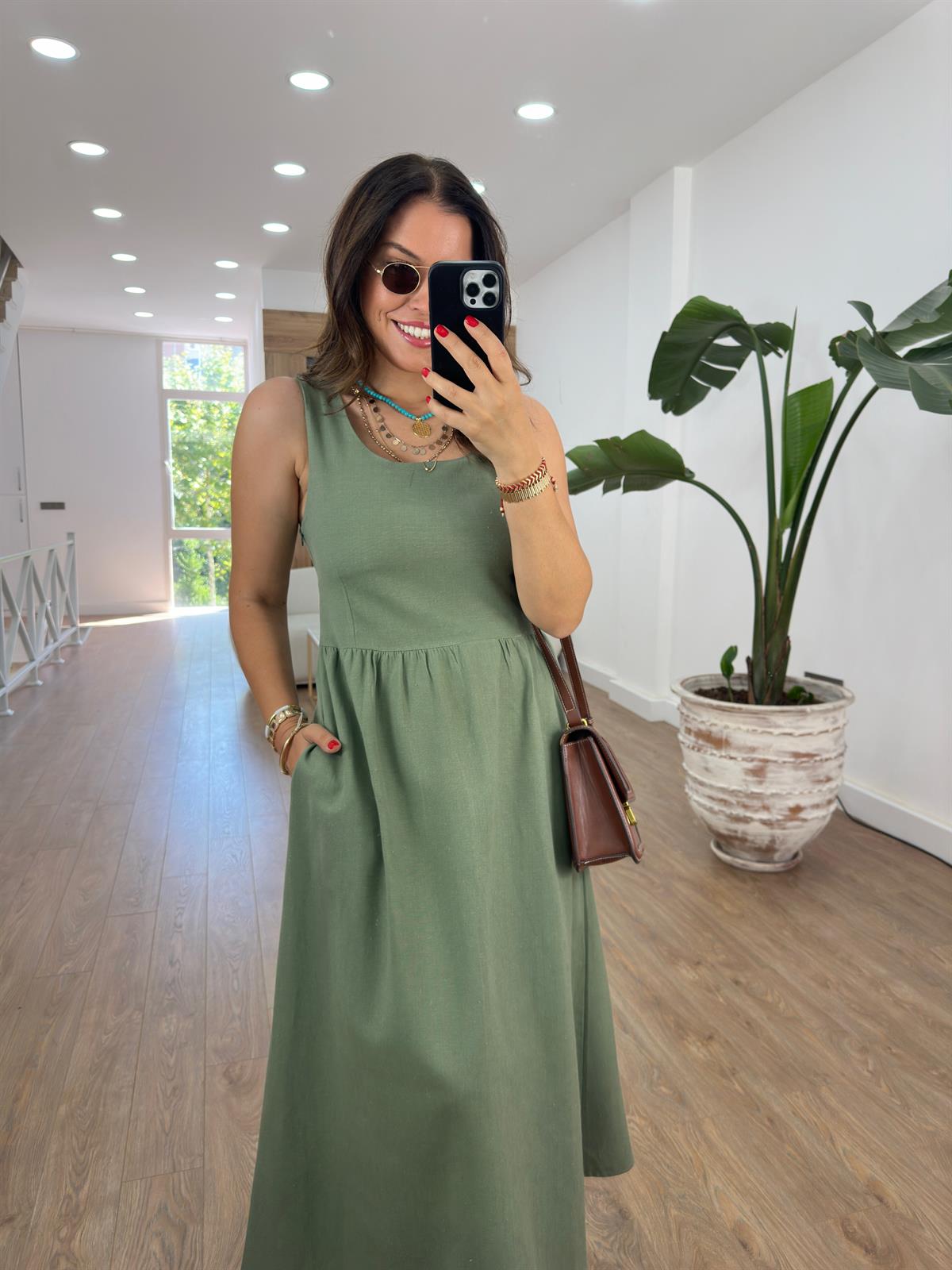 Sıfır Kol Cepli Keten Elbise-Haki