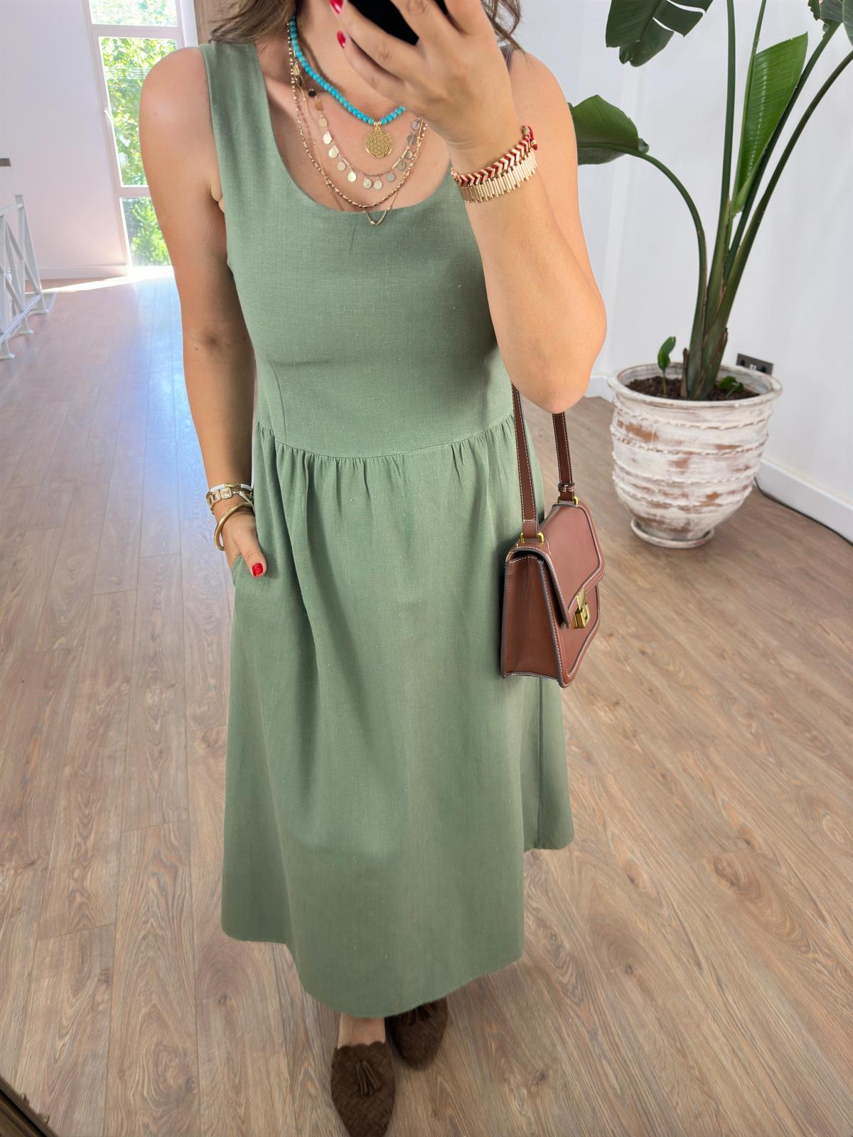 Sıfır Kol Cepli Keten Elbise-Haki