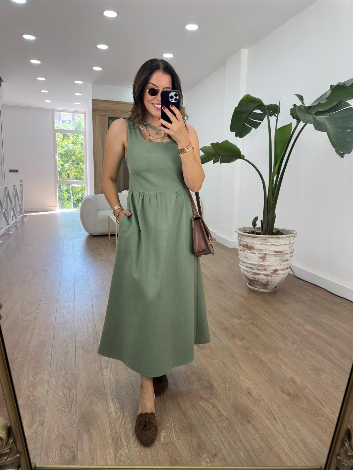 Sıfır Kol Cepli Keten Elbise-Haki