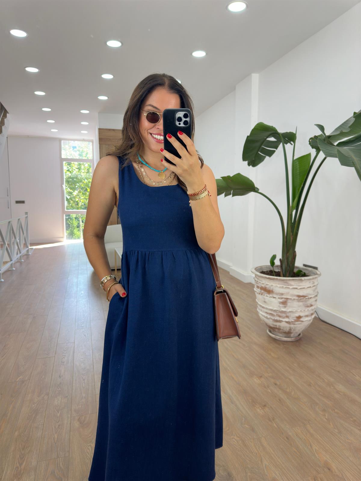 Sıfır Kol Cepli Keten Elbise-Lacivert