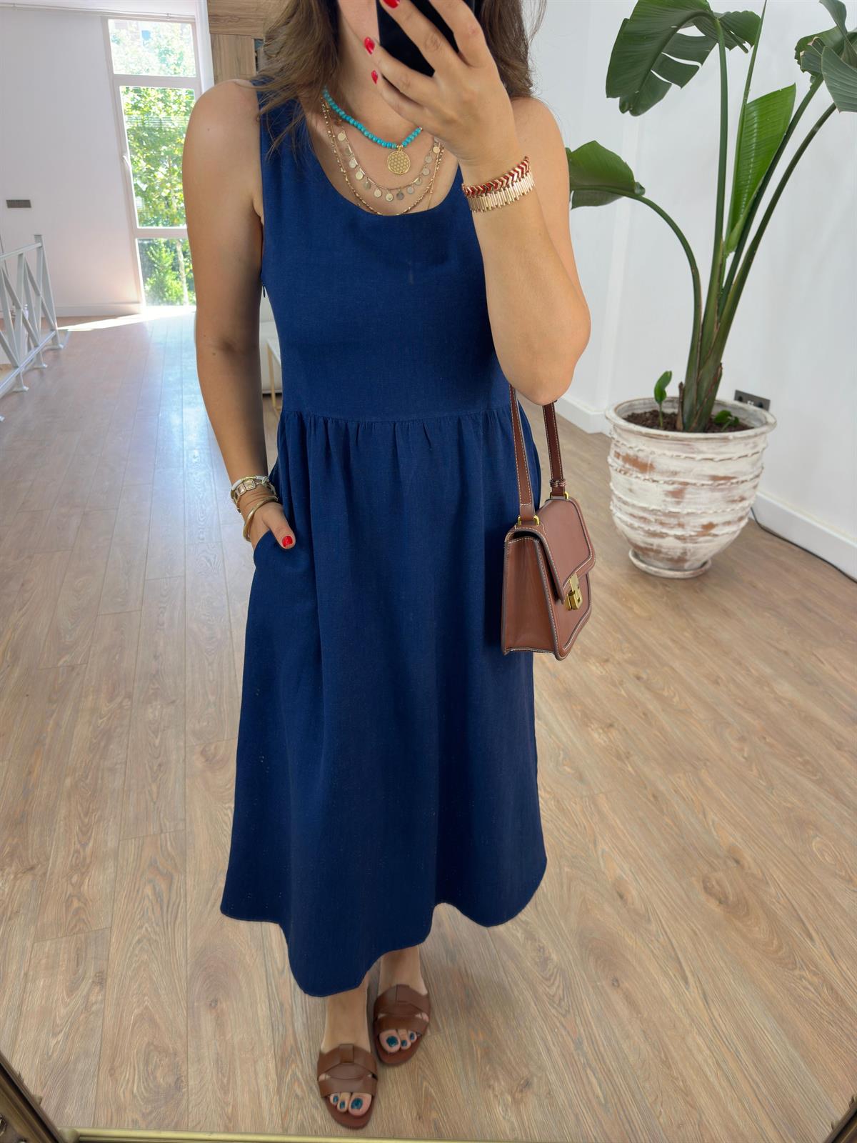 Sıfır Kol Cepli Keten Elbise-Lacivert