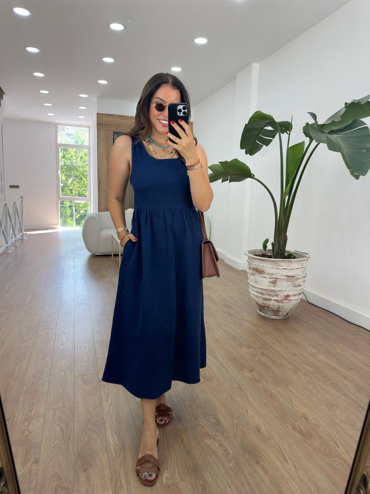 Sıfır Kol Cepli Keten Elbise-Lacivert