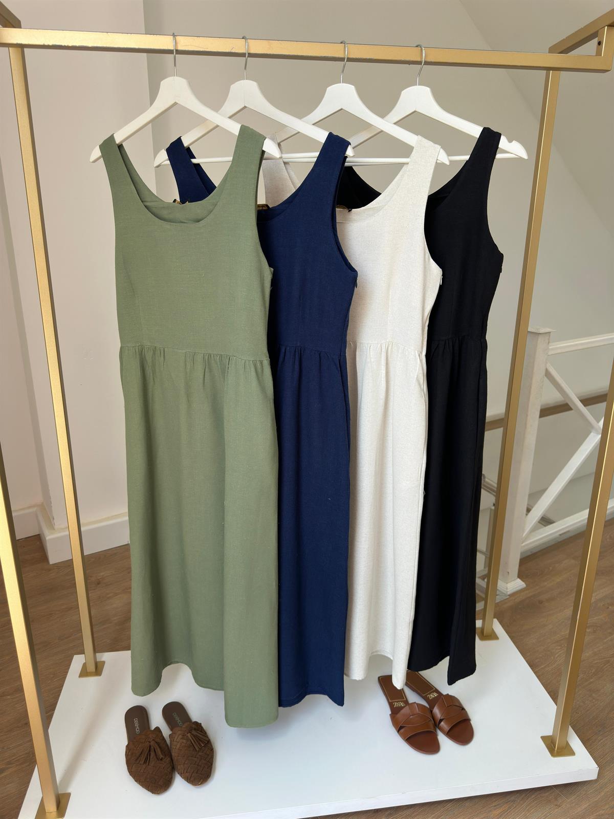 Sıfır Kol Cepli Keten Elbise-Lacivert