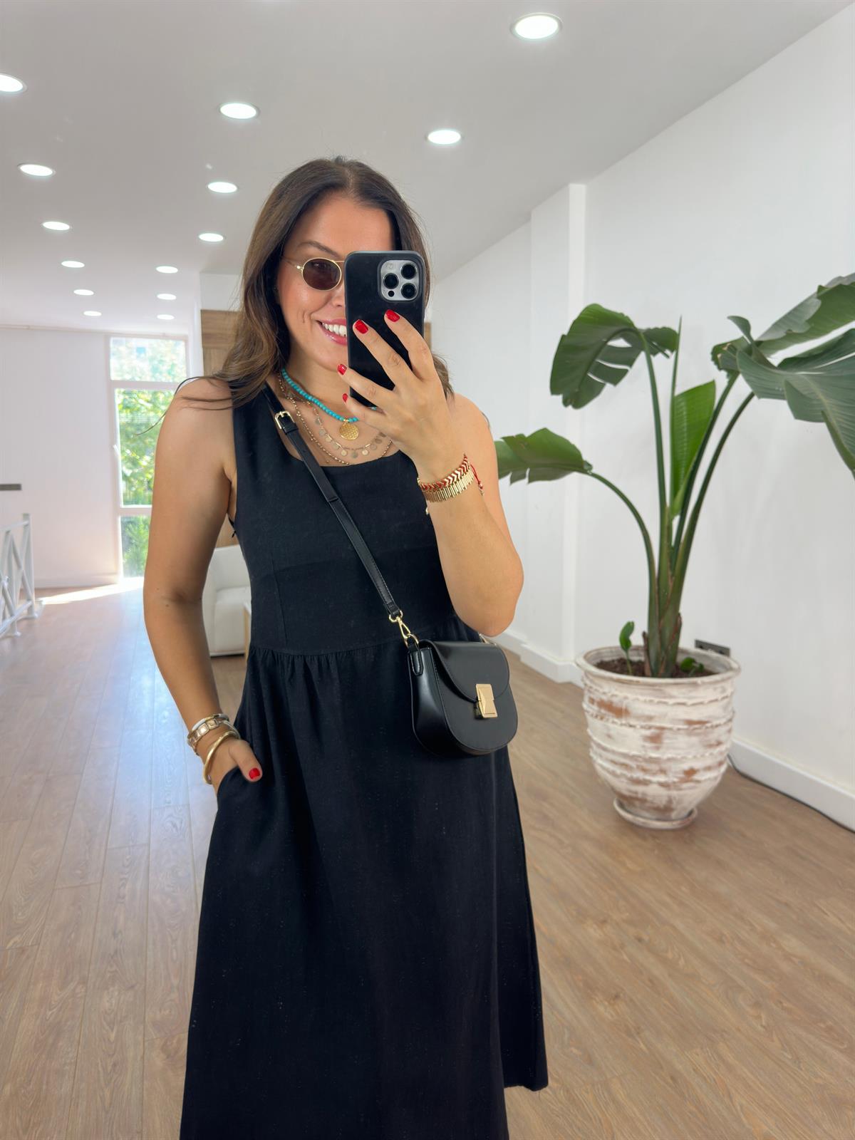 Sıfır Kol Cepli Keten Elbise-Siyah