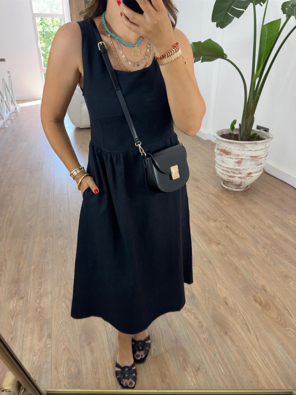 Sıfır Kol Cepli Keten Elbise-Siyah