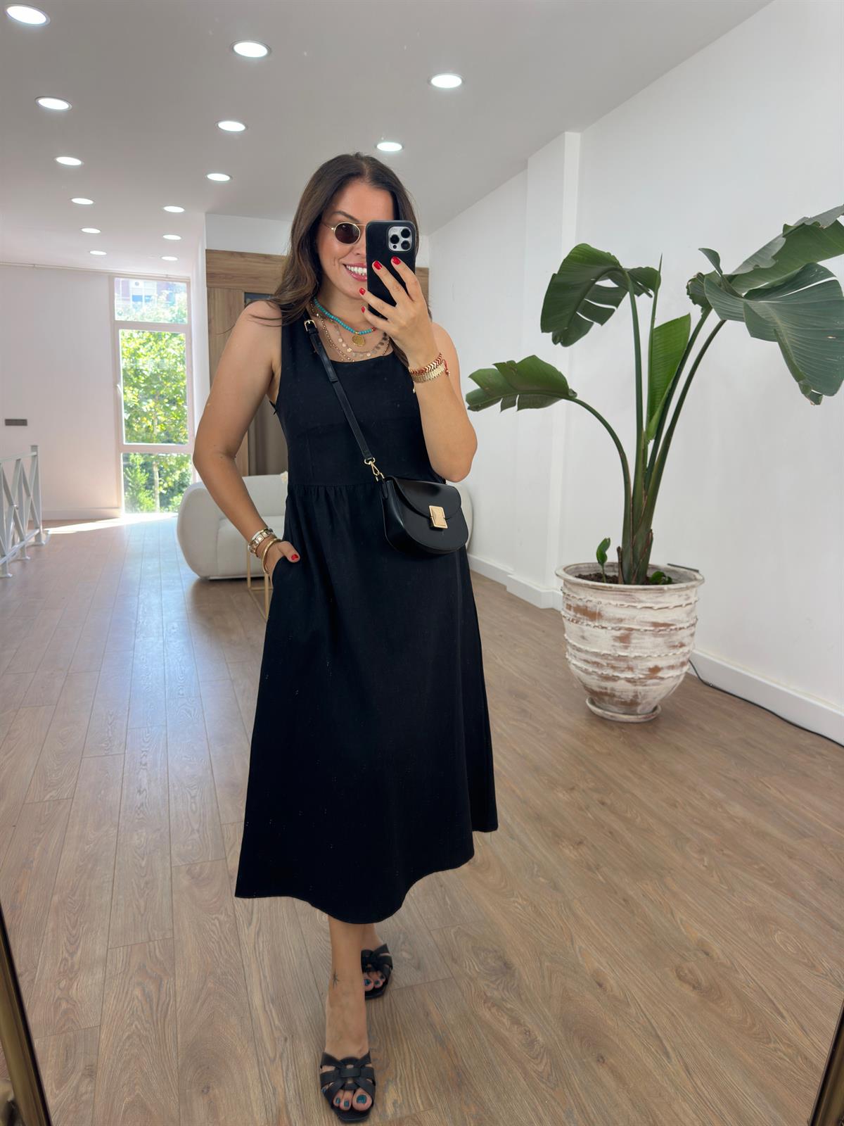 Sıfır Kol Cepli Keten Elbise-Siyah