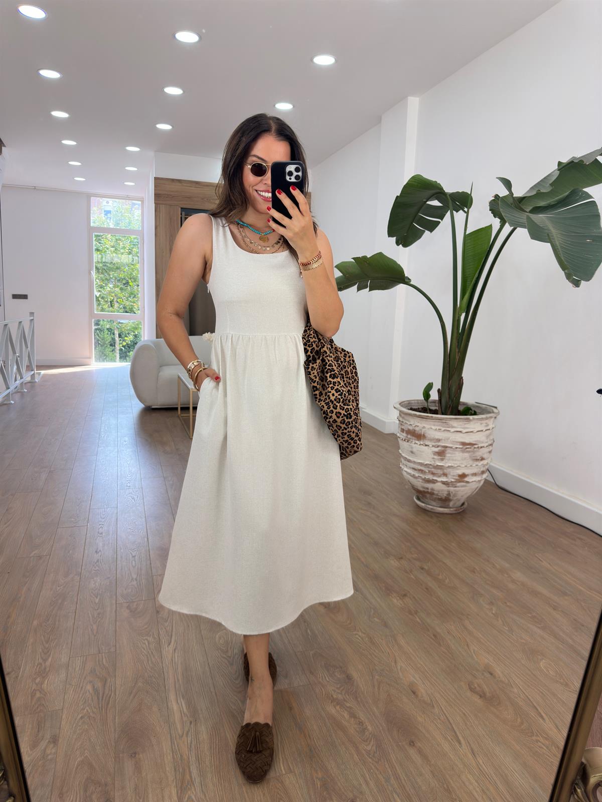 Sıfır Kol Cepli Keten Elbise-Taş