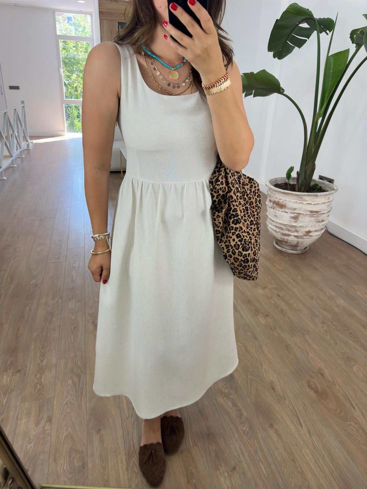 Sıfır Kol Cepli Keten Elbise-Taş