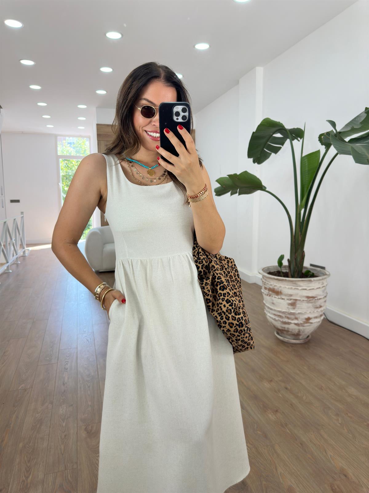 Sıfır Kol Cepli Keten Elbise-Taş