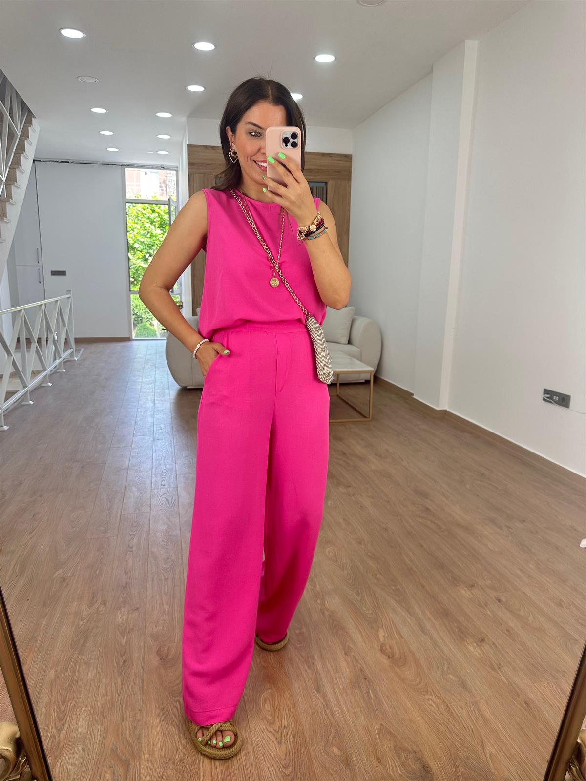 Sıfır Kol Keten Takım-Pembe