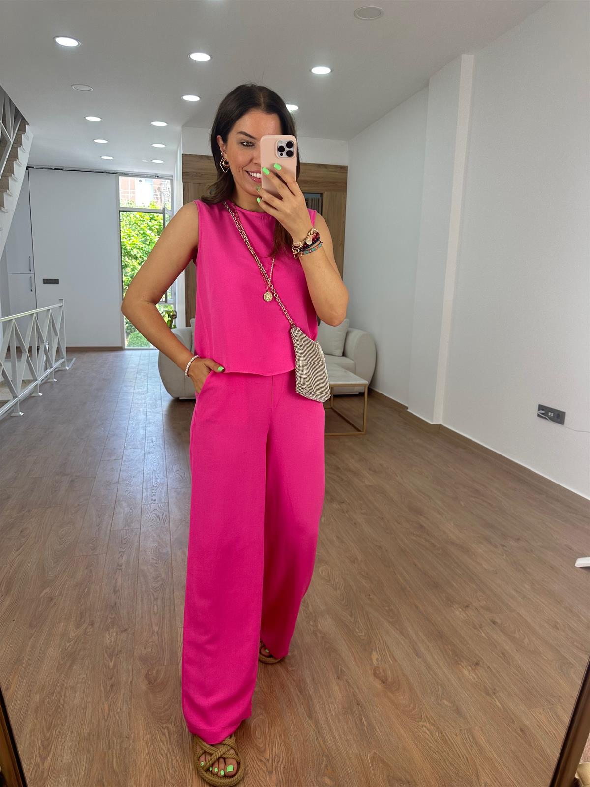 Sıfır Kol Keten Takım-Pembe