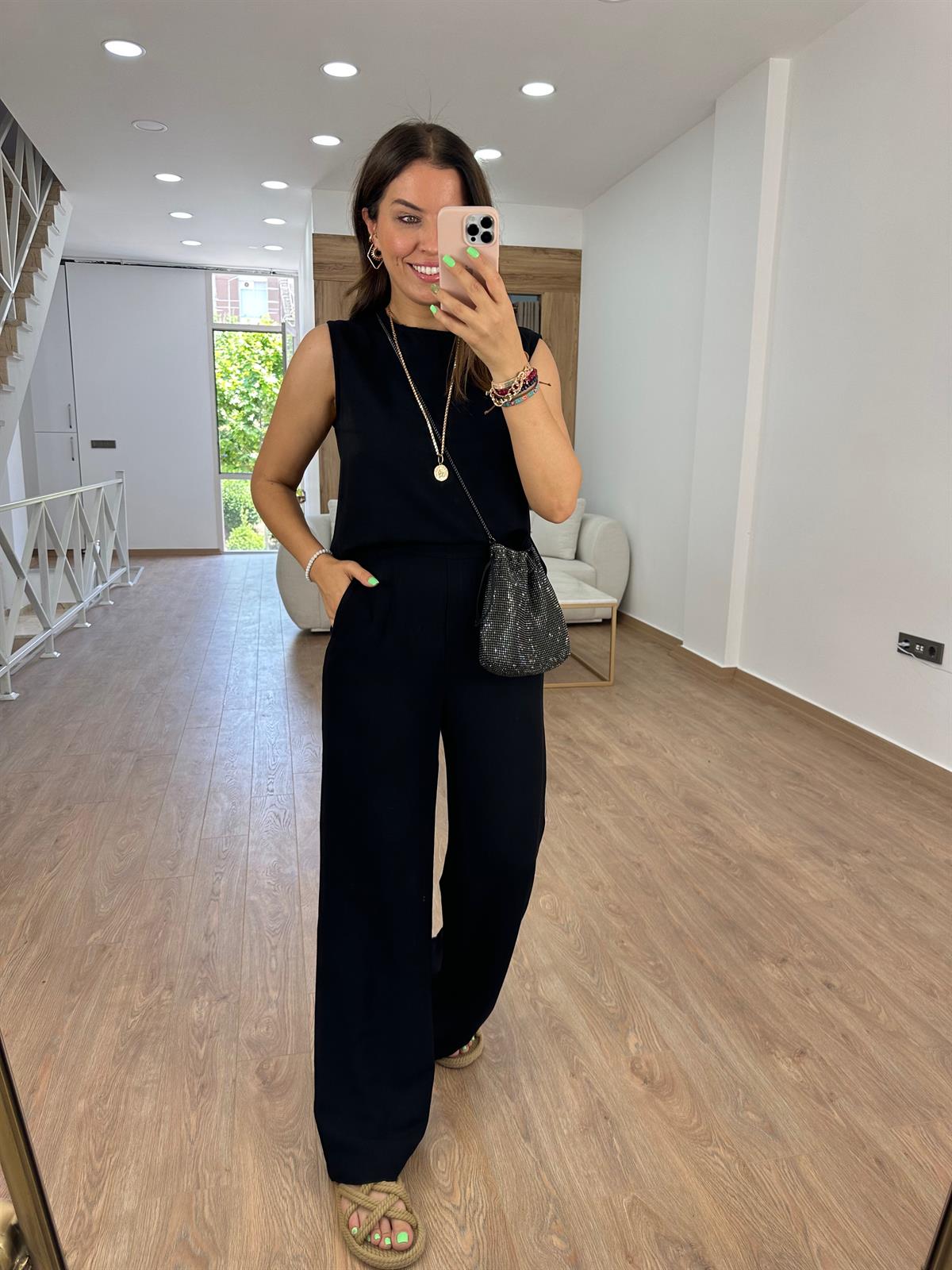 Sıfır Kol Keten Takım-Siyah