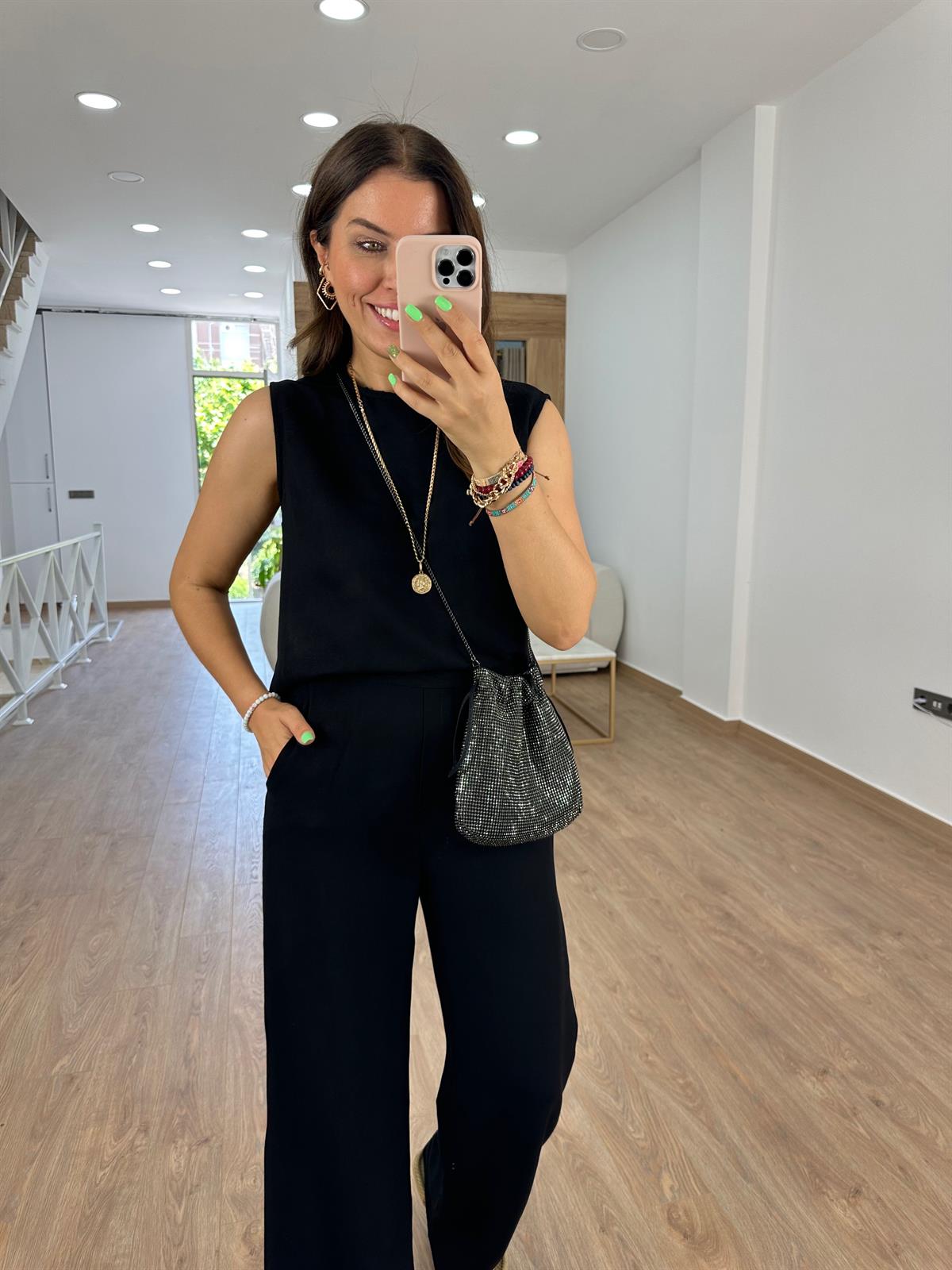 Sıfır Kol Keten Takım-Siyah