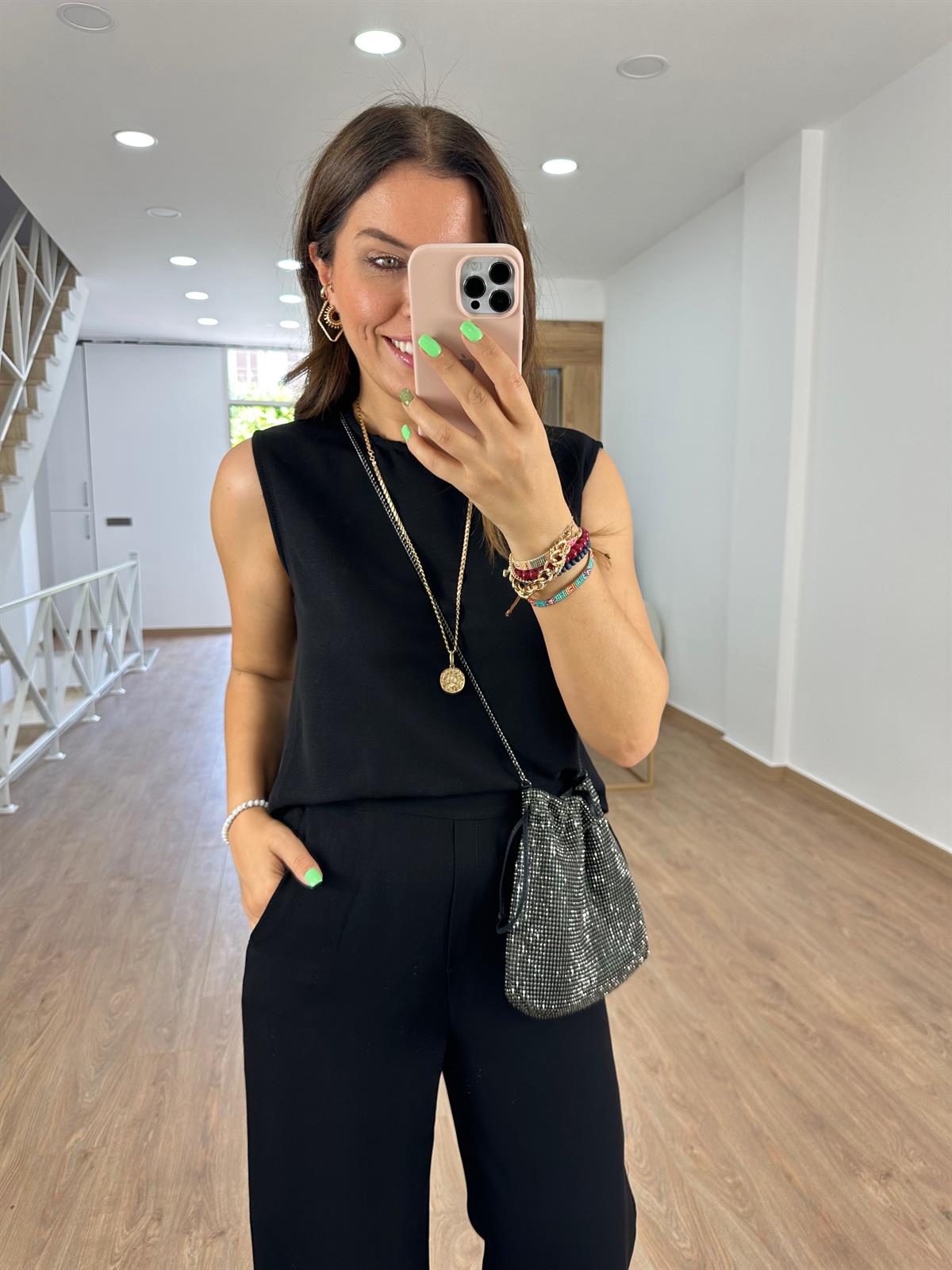 Sıfır Kol Keten Takım-Siyah