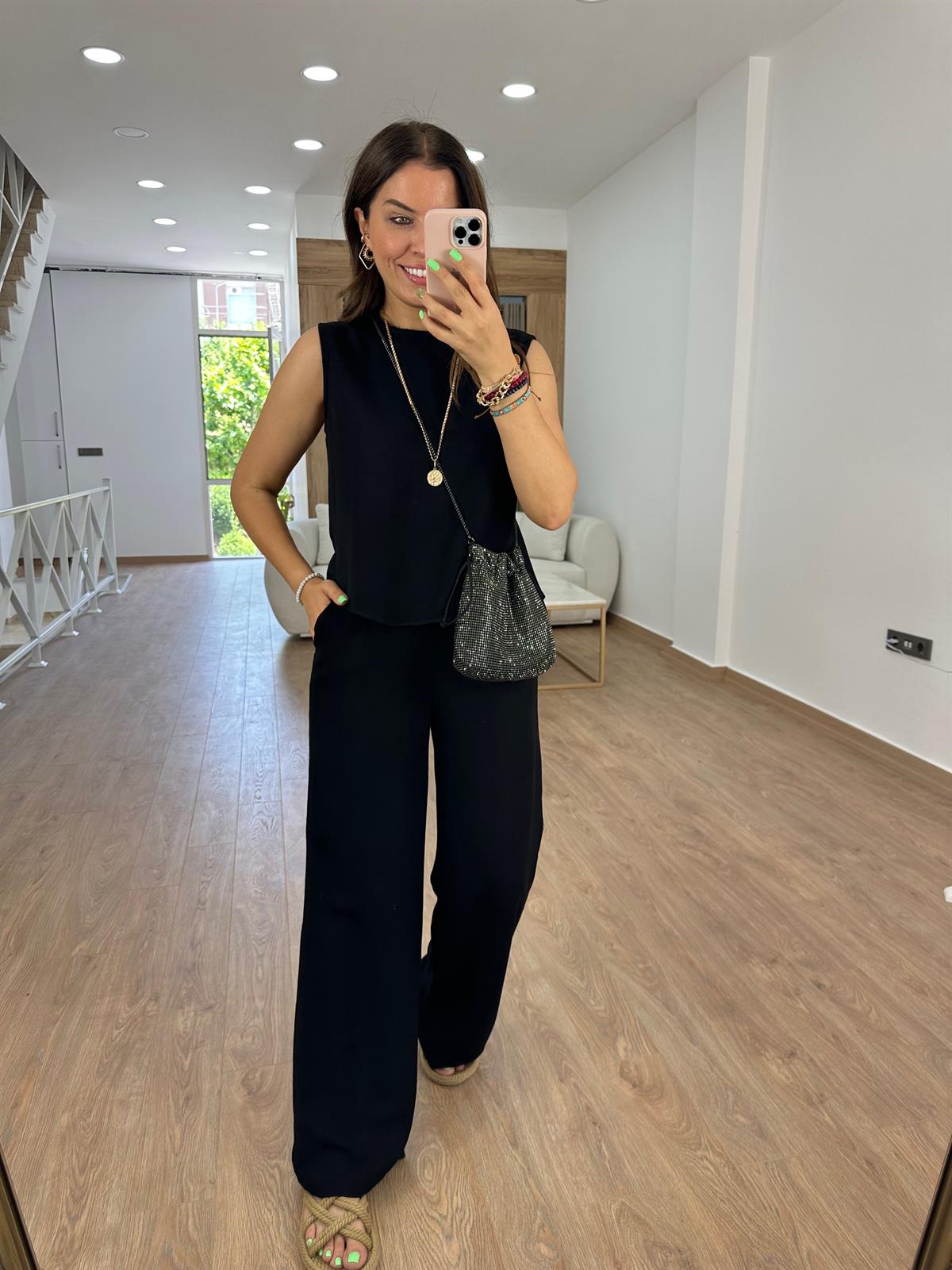 Sıfır Kol Keten Takım-Siyah