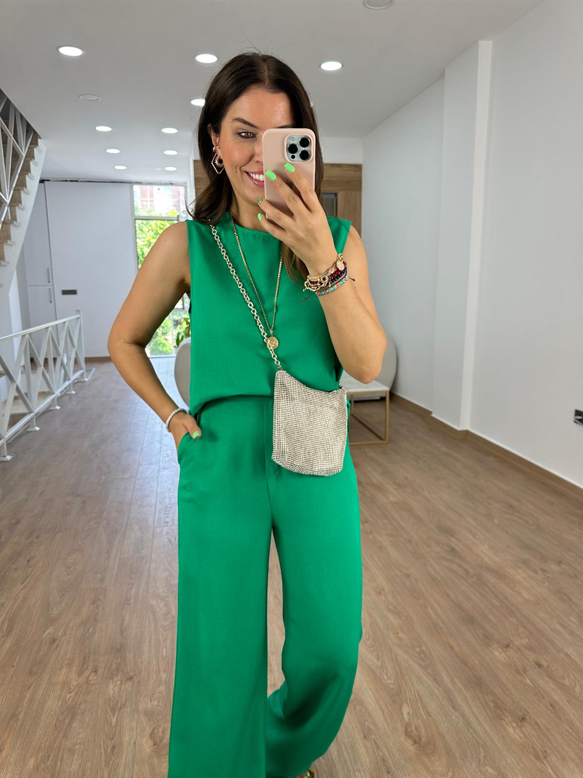 Sıfır Kol Keten Takım-Yeşil