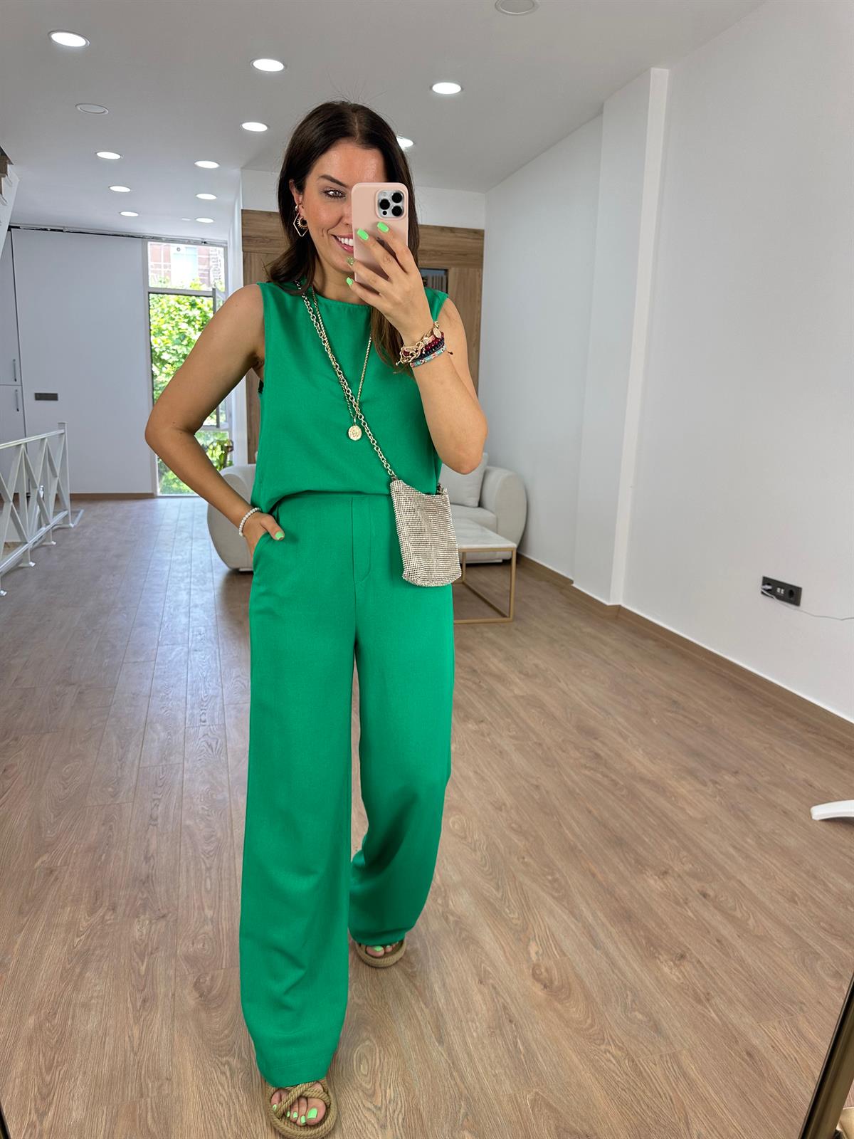 Sıfır Kol Keten Takım-Yeşil