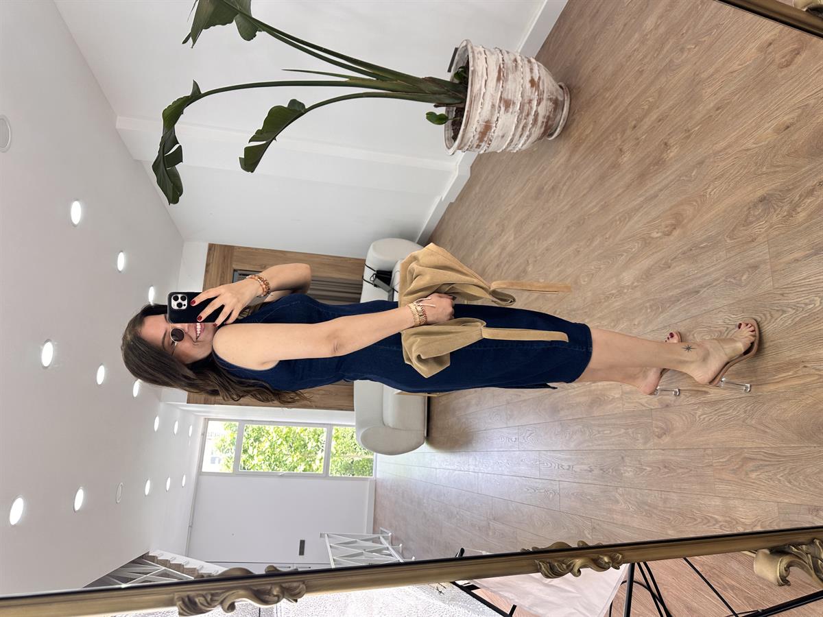 Sıfır Kol Likralı Denim Elbise