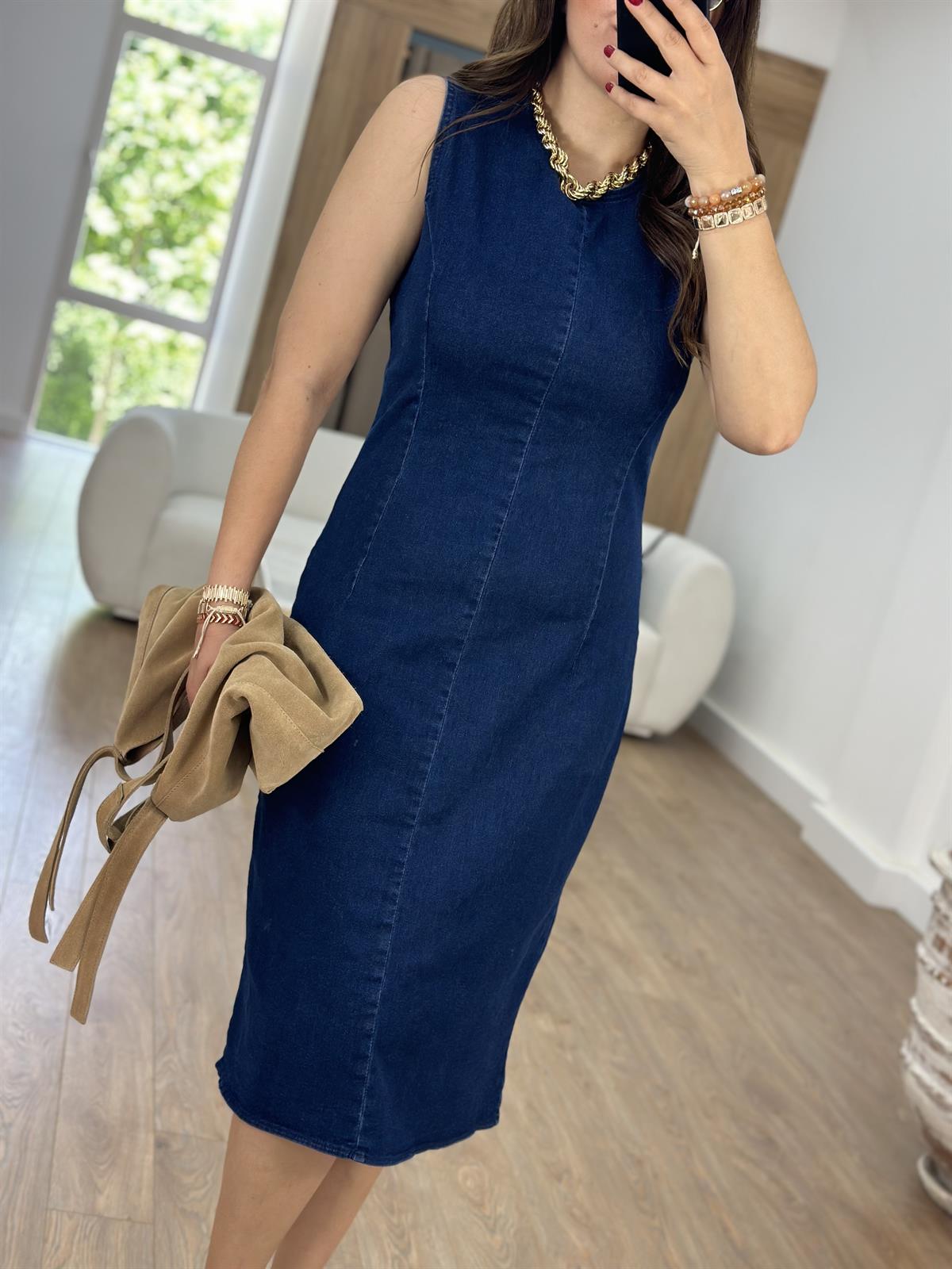 Sıfır Kol Likralı Denim Elbise