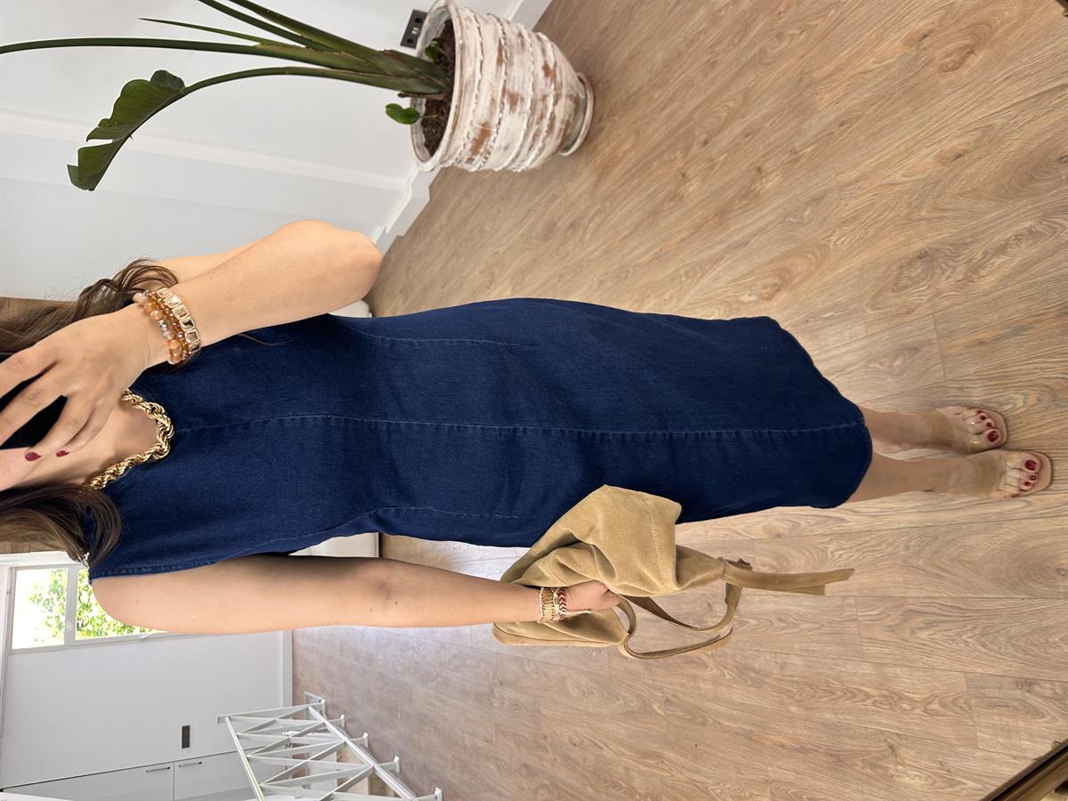 Sıfır Kol Likralı Denim Elbise