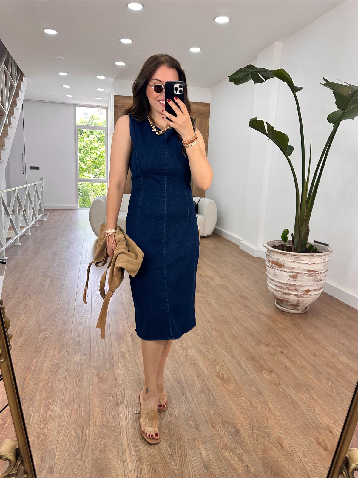 Sıfır Kol Likralı Denim Elbise