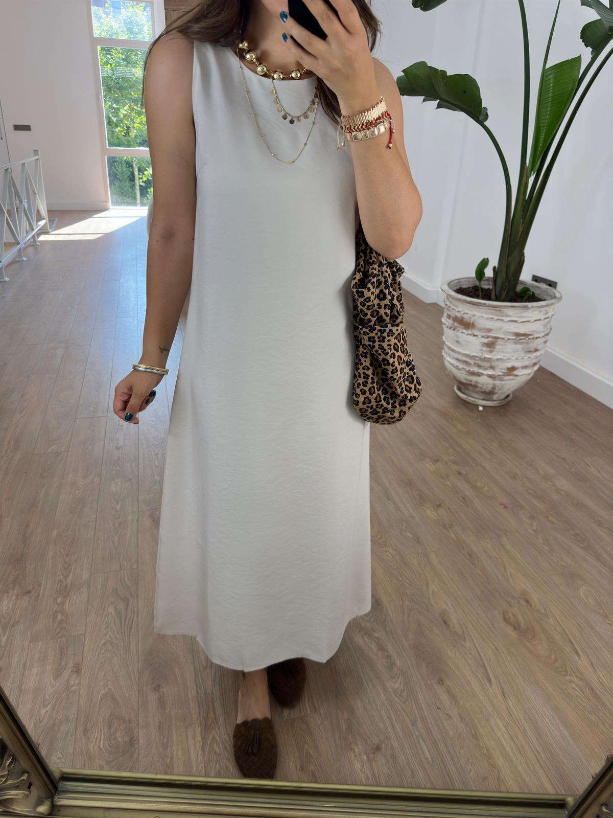 Sıfır Kol Tiril Elbise-Bej