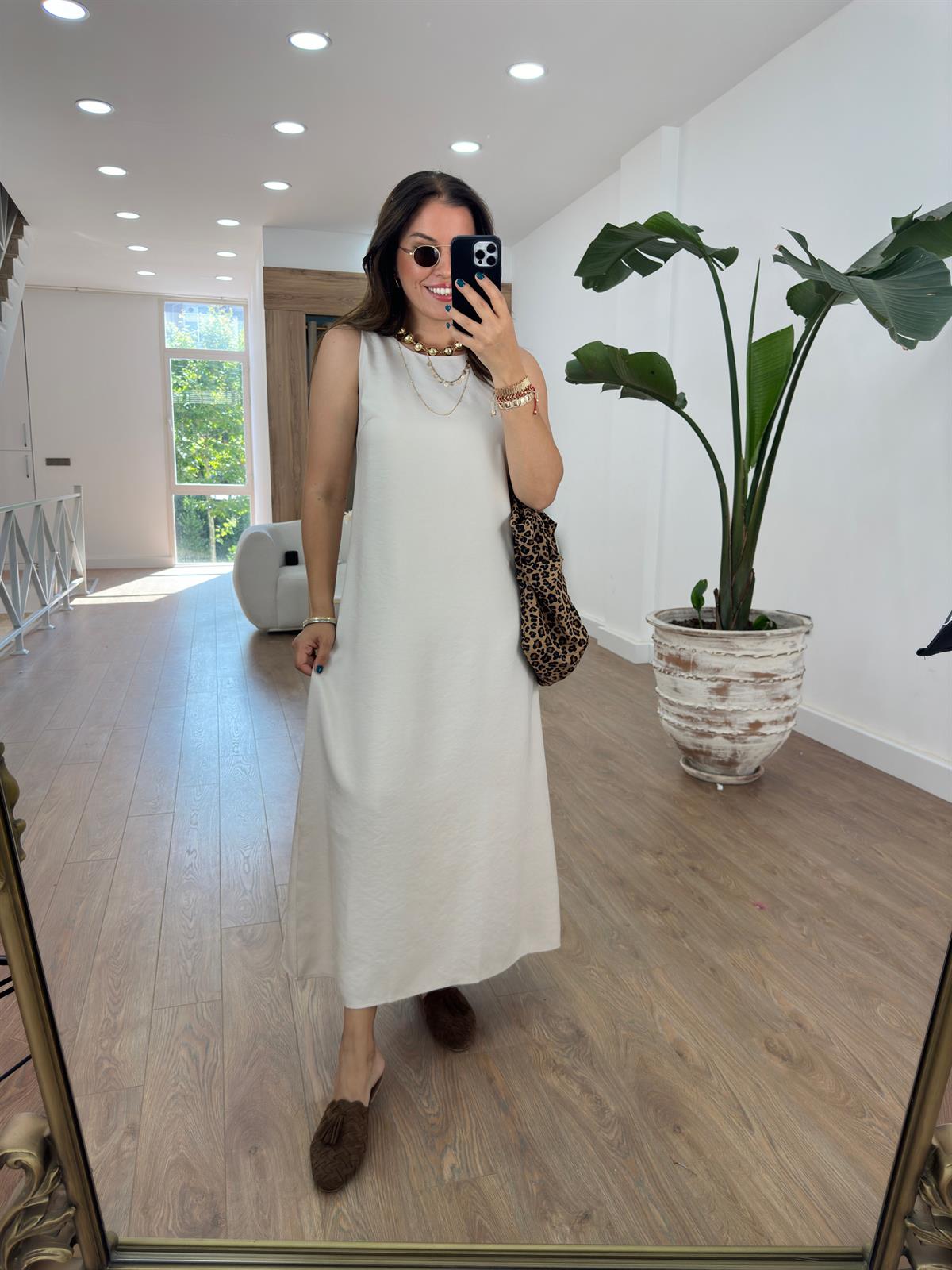 Sıfır Kol Tiril Elbise-Bej