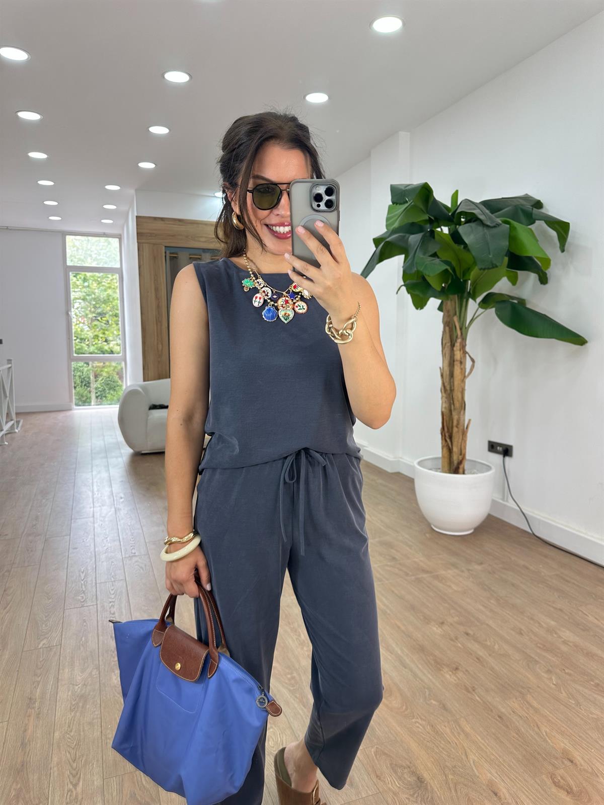 Sıfır Kol Modal Pantolon Bluz Takım - Antrasit