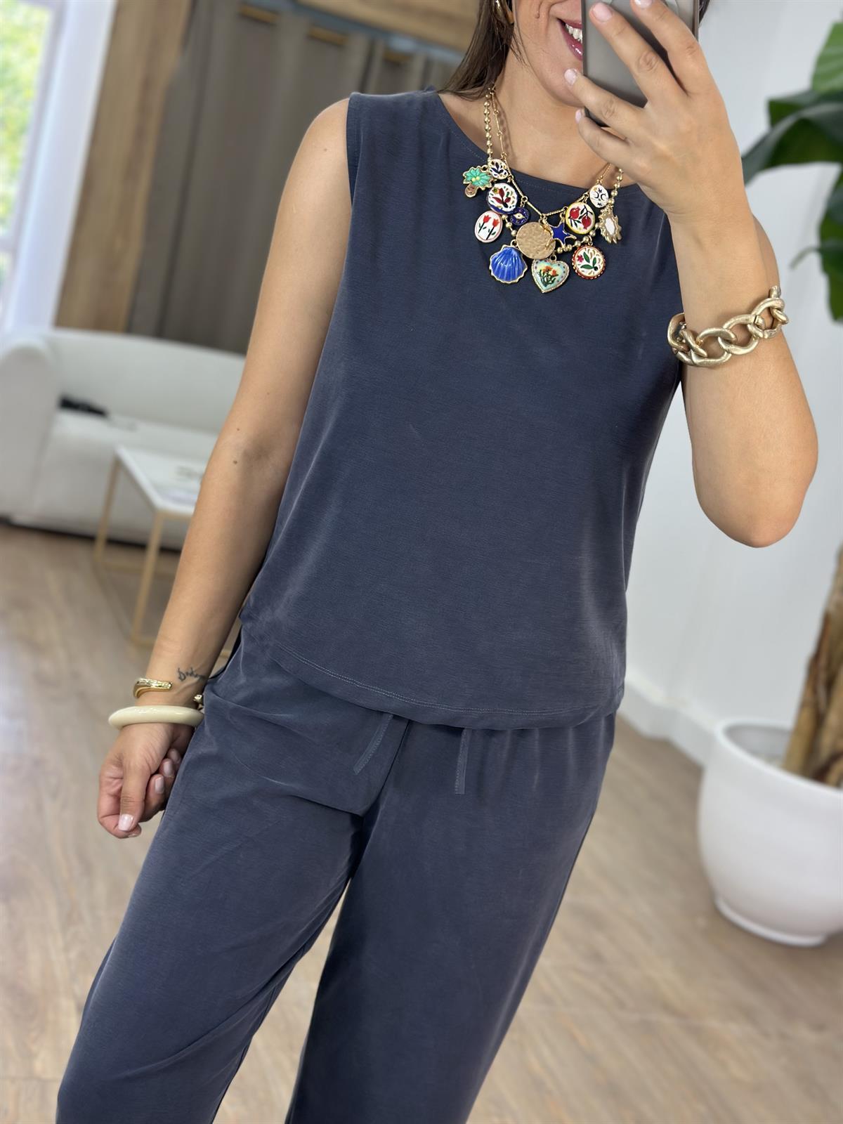 Sıfır Kol Modal Pantolon Bluz Takım - Antrasit