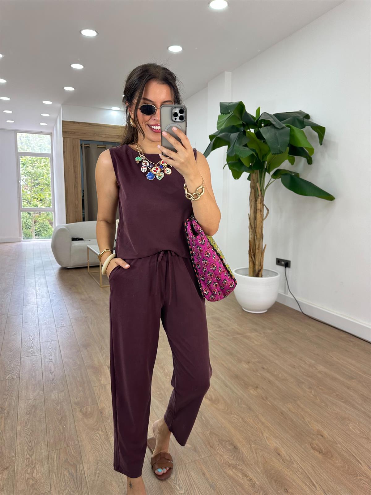 Sıfır Kol Modal Pantolon Bluz Takım - Bordo