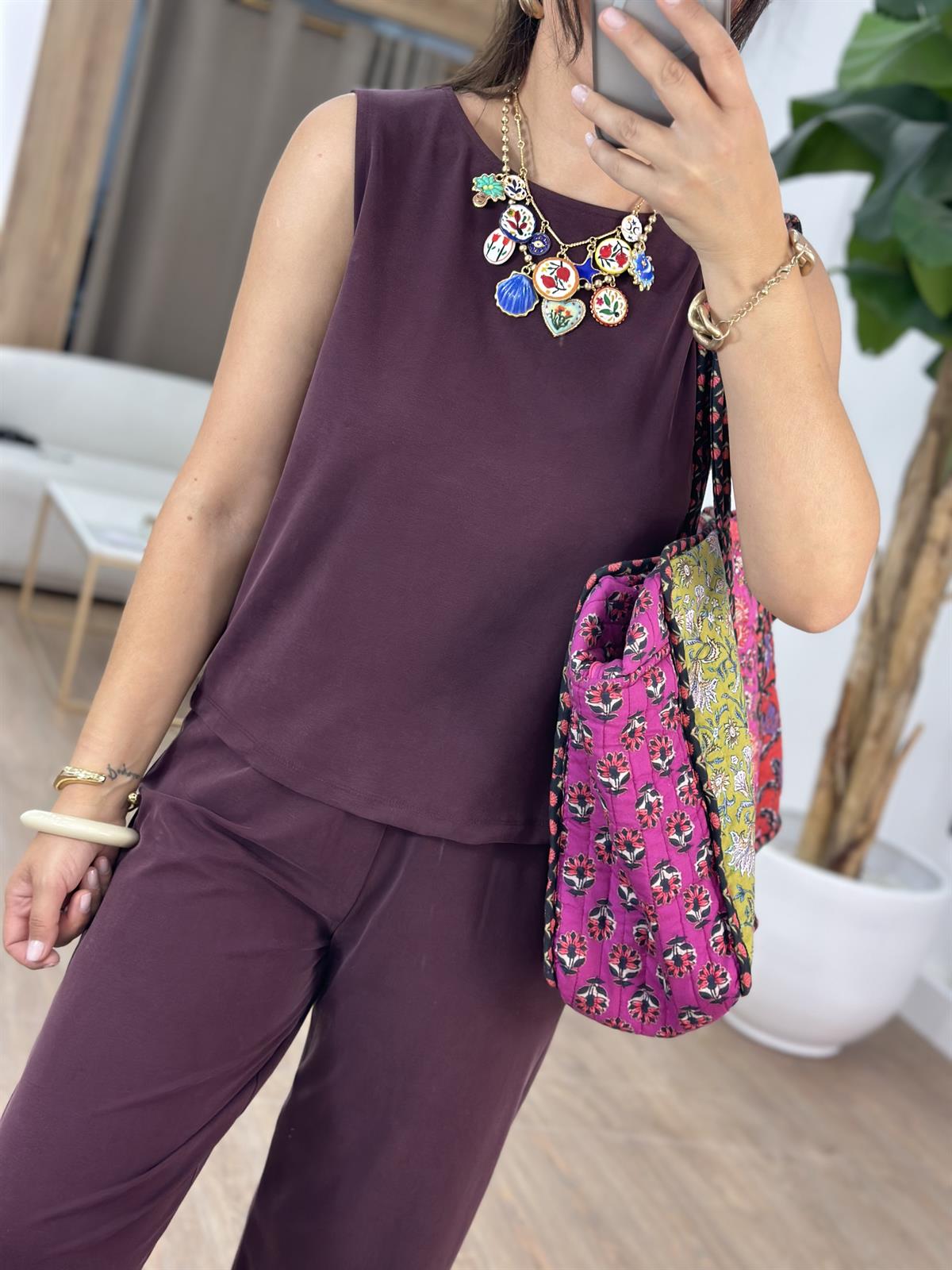 Sıfır Kol Modal Pantolon Bluz Takım - Bordo