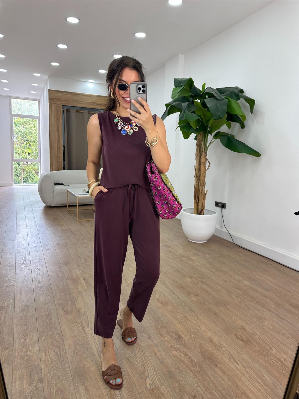 Sıfır Kol Modal Pantolon Bluz Takım - Bordo