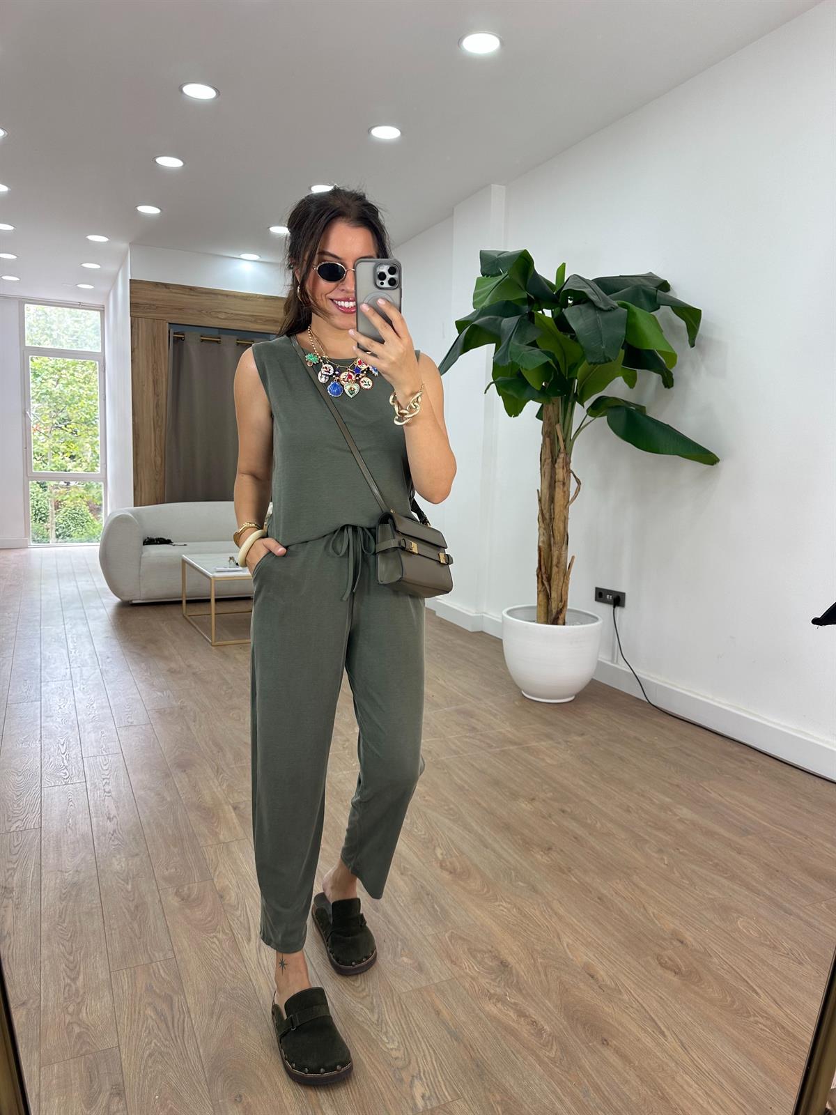 Sıfır Kol Modal Pantolon Bluz Takım - Haki