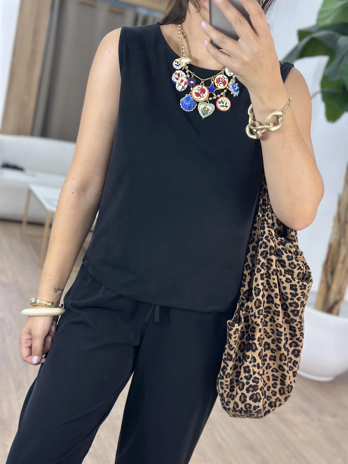 Sıfır Kol Modal Pantolon Bluz Takım - Siyah