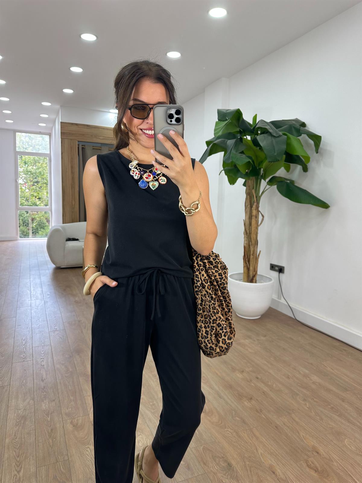 Sıfır Kol Modal Pantolon Bluz Takım - Siyah