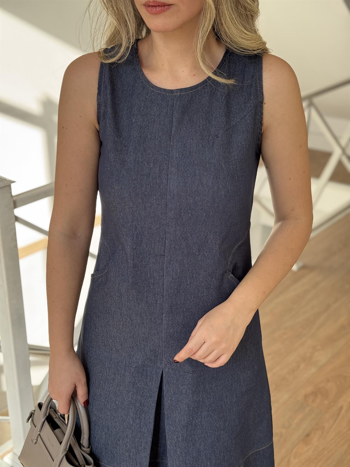 Sıfır Kol Tek Pileli Denim Elbise