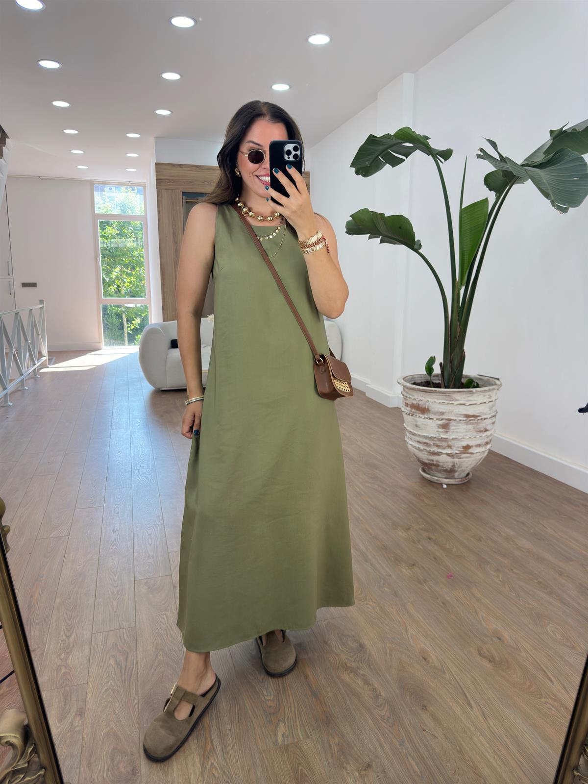 Sıfır Kol  Tiril Elbise-Haki