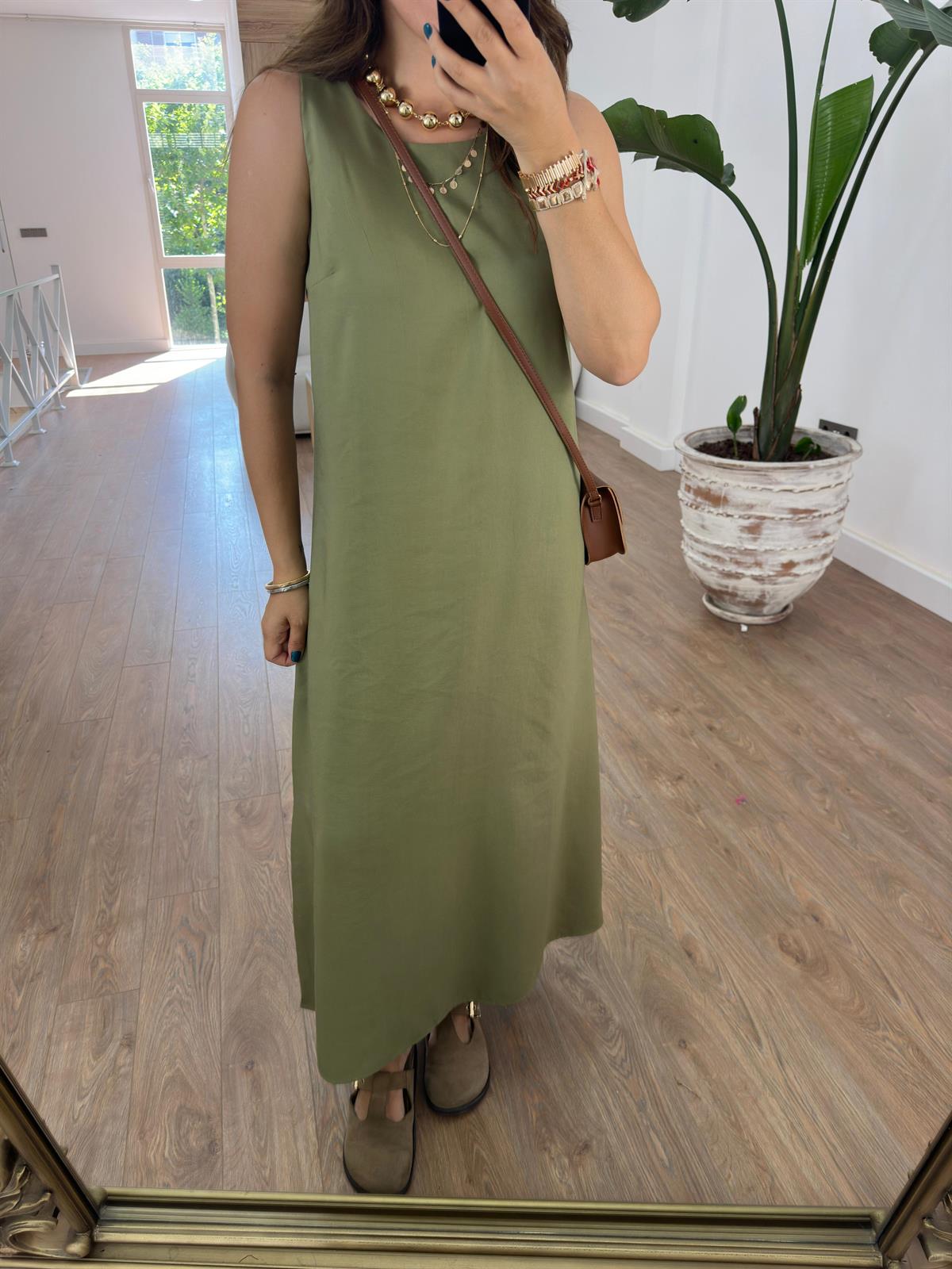 Sıfır Kol  Tiril Elbise-Haki