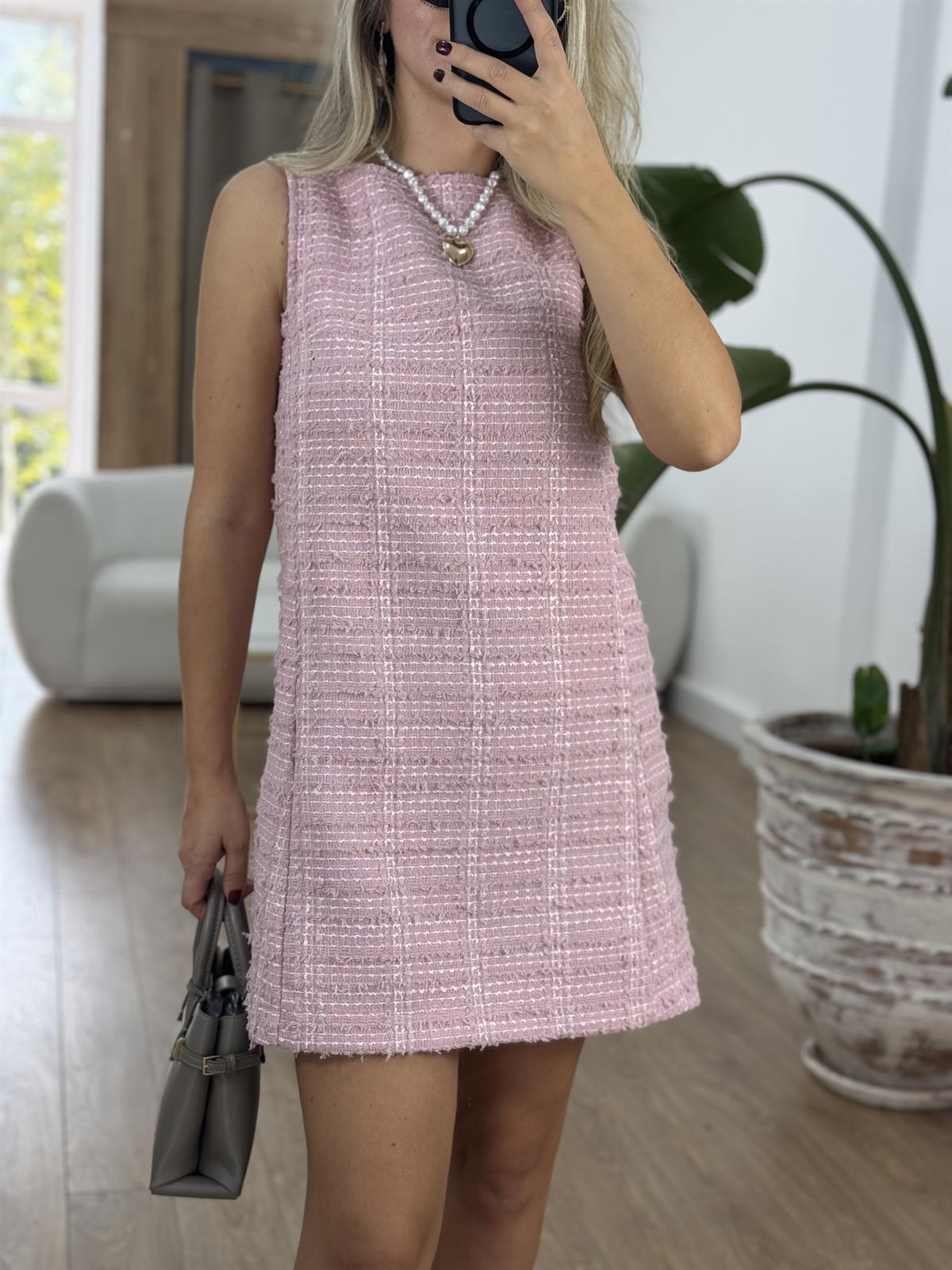 Sıfır Kol Tüvit Elbise - Pembe