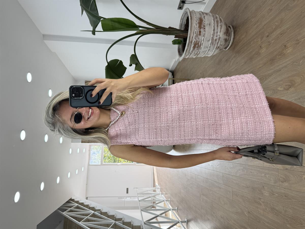 Sıfır Kol Tüvit Elbise - Pembe